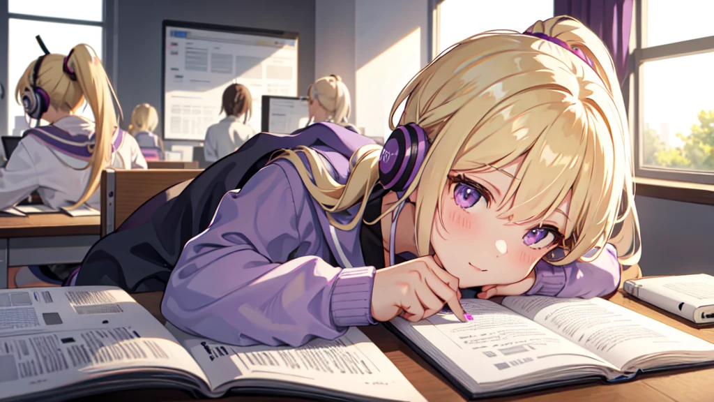 One girl, ponytail ,Blonde, Purple eyes,Studying in the room,Wearing headphones