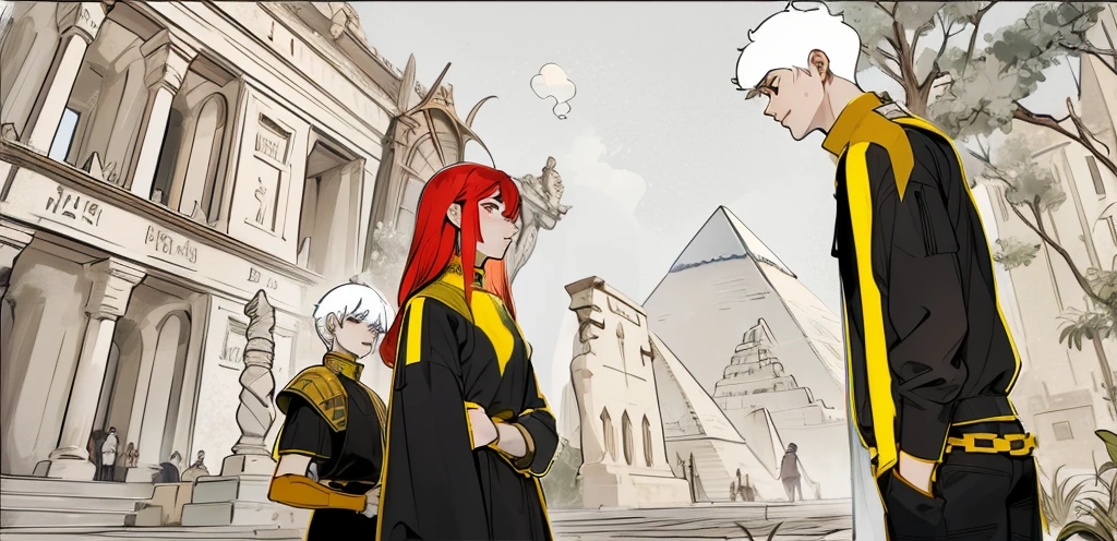 There are three young people with white hair, there is an Egyptian palace and a pyramid. 