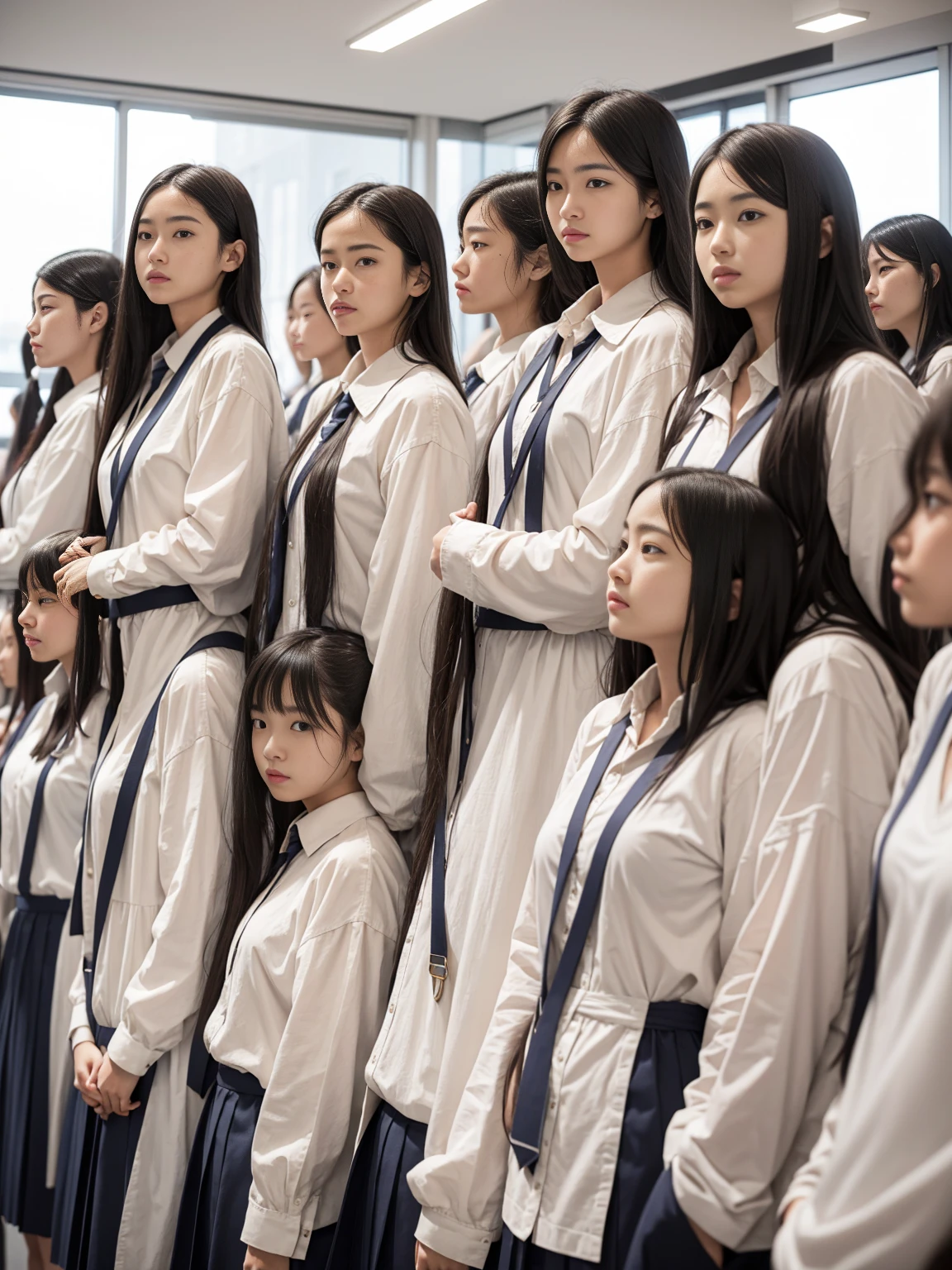 A group of 10 female students standing in a row、Women&#39;s dormitory、Jersey、slender、Are thin、Blonde、Brown Hair、Black Hair、Huge boobs、Cleavage、Daytime、String Panties Thighs Thighs、Spread your legs wide、Short sleeve white shirt、Sexy、adultery、Amorous、Nipples