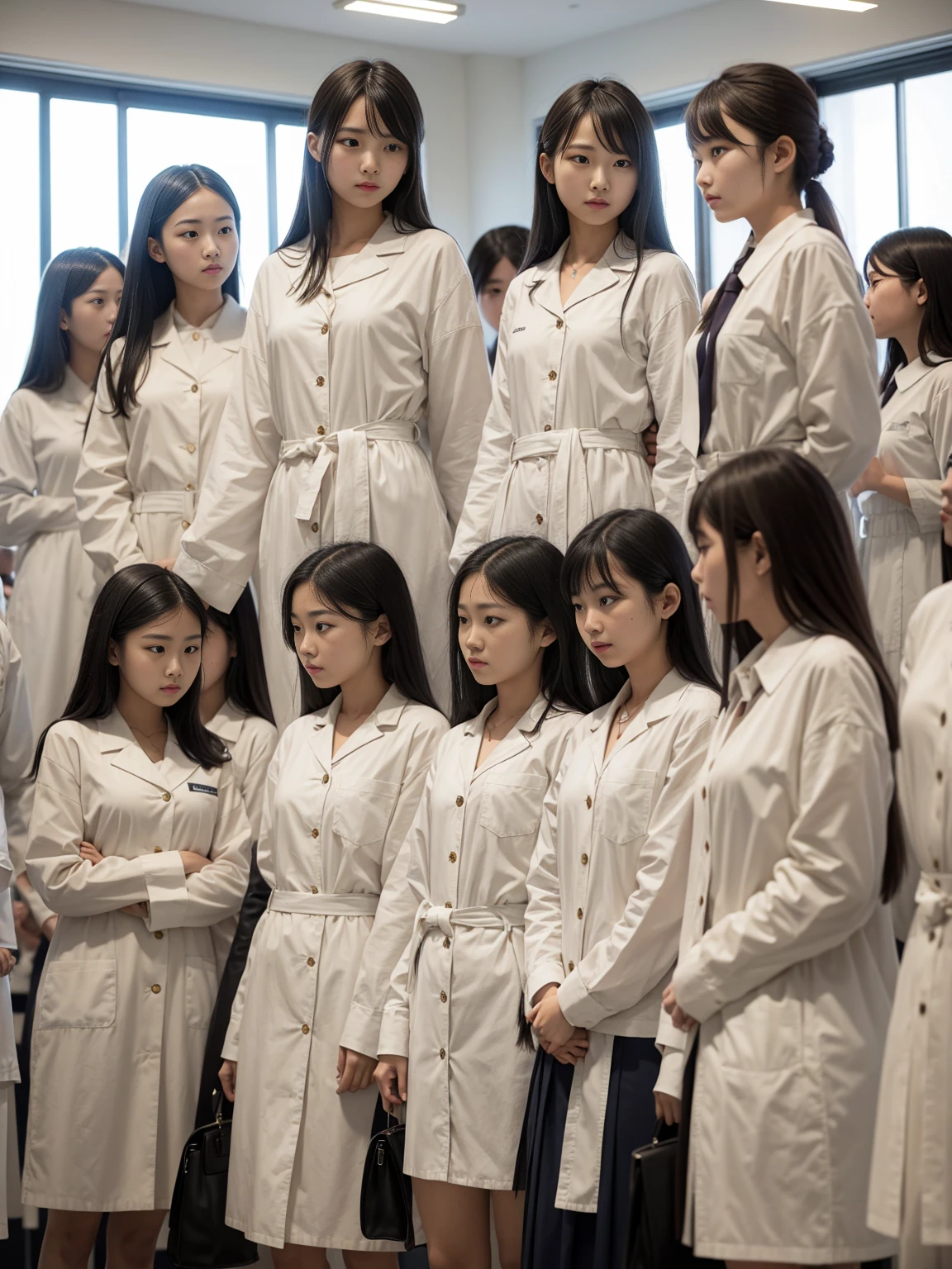 A group of 10 female students standing in a row、Women's dormitory、Jersey、slender、Are thin、Blonde、Brown Hair、Black Hair、Huge boobs、Cleavage、Daytime、String Panties Thighs Thighs、Spread your legs wide、Short sleeve white shirt、Sexy、adultery、Amorous、Nipples