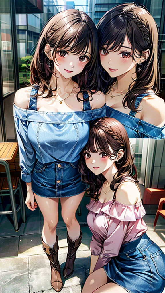 (masterpiece:1.3, Highest quality, Ultra-high resolution：1.2, Super detailed、8K), (Realistic, photoRealistic:1.4), Beautiful illustrations, Perfect lighting, colorful, Depth of written boundary, Beautiful detailed hair, Beautifully detailed face, Beautiful fine details, Droopy eyes、Beautiful clavicle, Beautiful body, 美しいLarge Breasts, Beautiful thighs, Beautiful feet, Beautiful fingers, View Viewer、Front view:0.6, Beauty1人, Japanese, Beauty、30 years old, Perfect Face, (Perfect Anatomy, Anatomically correct), Cute and symmetrical face, Baby Face, , Shiny skin,(Pink off-shoulder blouse:1.4), ((Denim skirt:1.5))  、(boots:1.3)、(Dark brown hair, Updo Hair:1.4), braided bangs、Dark brown eyes, (Large Breasts, Slim body), necklace, Small earrings:1.1, (Beautiful views), (noon), Shibuya、Eating crepes、 A soft smile、(Smile, Lips parted),