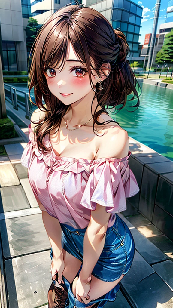 (masterpiece:1.3, Highest quality, Ultra-high resolution:1.2, Super detailed、8K), (Realistic, photoRealistic:1.4), Beautiful illustrations, Perfect lighting, colorful, Depth of written boundary, Beautiful detailed hair, Beautifully detailed face, Beautiful fine details, Droopy eyes、Beautiful clavicle, Beautiful body, 美しいLarge Breasts, Beautiful thighs, Beautiful feet, Beautiful fingers, View Viewer、Front view:0.6, Beauty1人, Japanese, Beauty、30 years old, Perfect Face, (Perfect Anatomy, Anatomically correct), Cute and symmetrical face, , , Shiny skin,(Pink off-shoulder blouse:1.4), ((Denim skirt:1.5)) 、(boots:1.3)、(Dark brown hair, Updo Hair:1.4), braided bangs、Dark brown eyes, (Large Breasts, Slim body), necklace, Small earrings:1.1, (Beautiful views), (noon), Shibuya、Eating crepes、 A soft smile、(Smile, Lips parted),