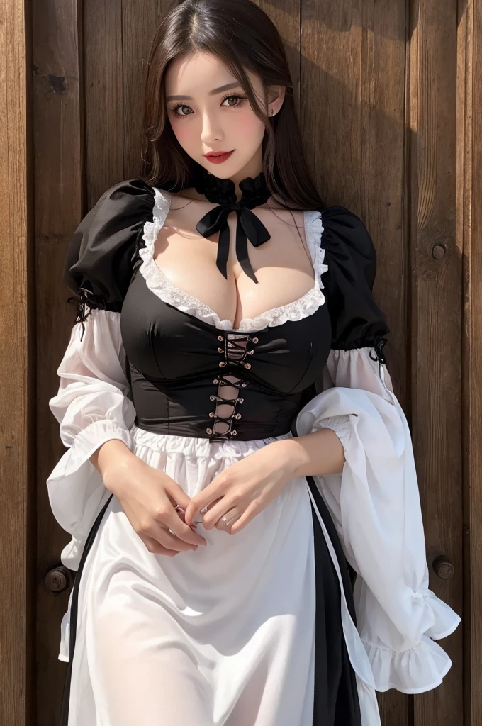 (Bursting Busty:1.1),Dirndl,Glossy skin,Moisturized lips,Gothic