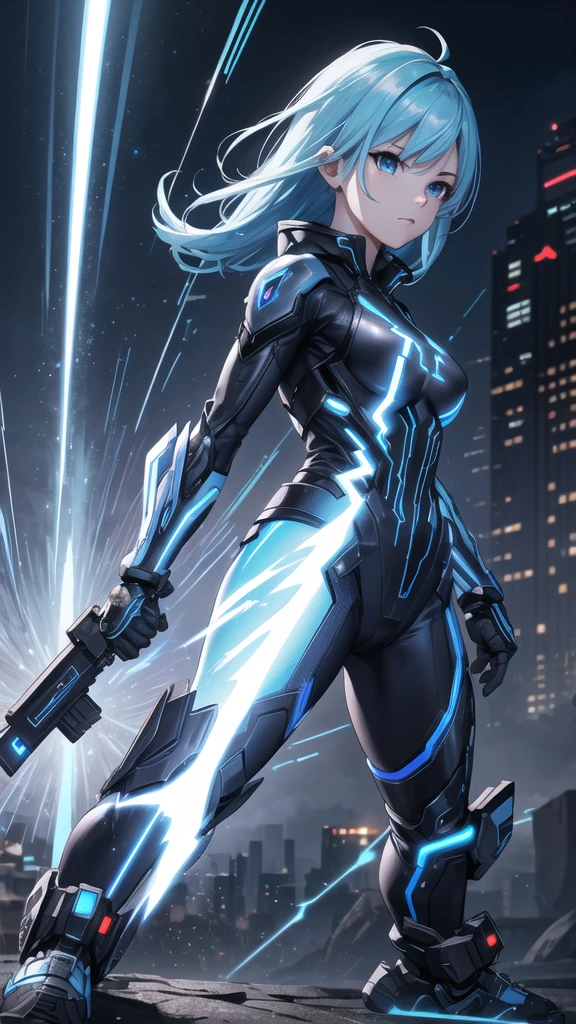 real、Lightning aura、Lightning Energy、Fighting Pose、Blue Hair、cyber punk、Thunder in the background、whole body、Lightning costume、Fighting face、High quality, Ultra detailed, best quality, insanely detailed, beautiful, masterpiece