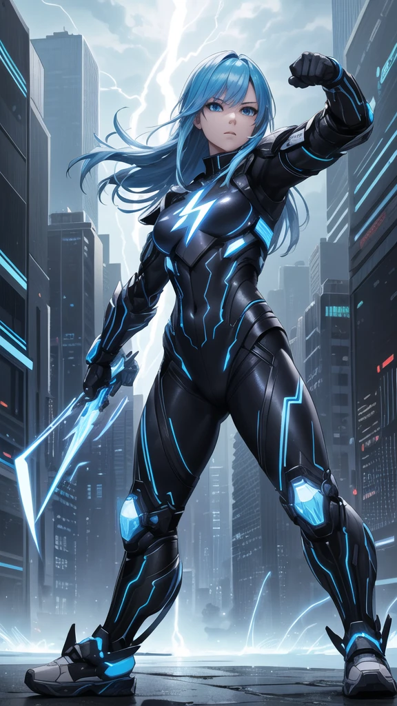 real、Lightning aura、Lightning Energy、Fighting Pose、Blue Hair、cyber punk、Thunder in the background、whole body、Lightning costume、Fighting face、High quality, Ultra detailed, best quality, insanely detailed, beautiful, masterpiece