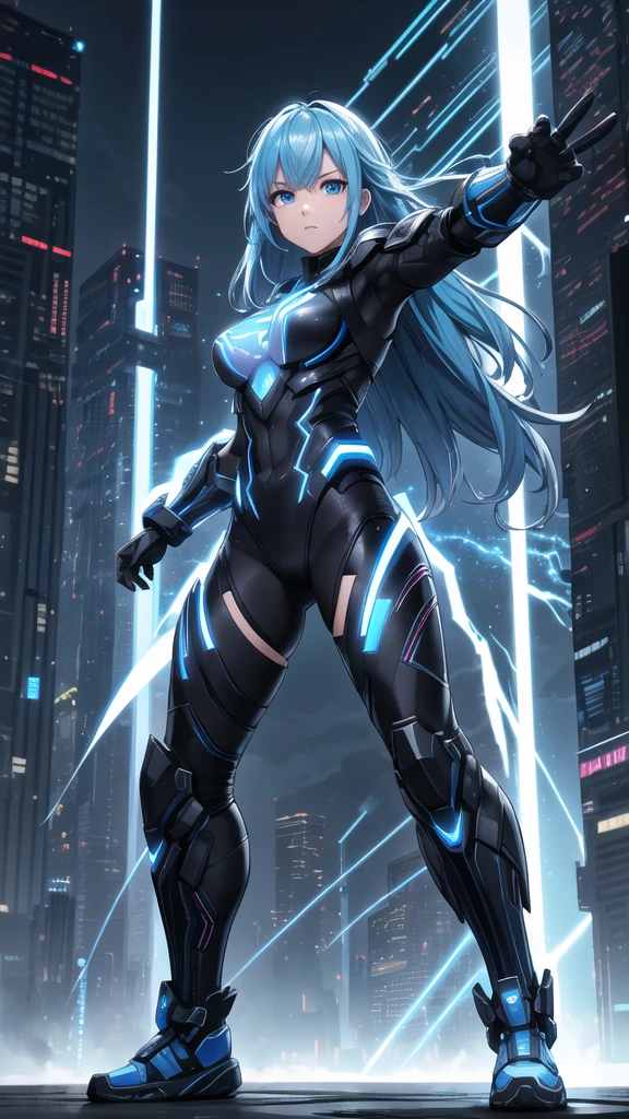 real、Lightning aura、Lightning Energy、Fighting Pose、Blue Hair、cyber punk、Thunder in the background、whole body、Lightning costume、Fighting face、High quality, Ultra detailed, best quality, insanely detailed, beautiful, masterpiece
