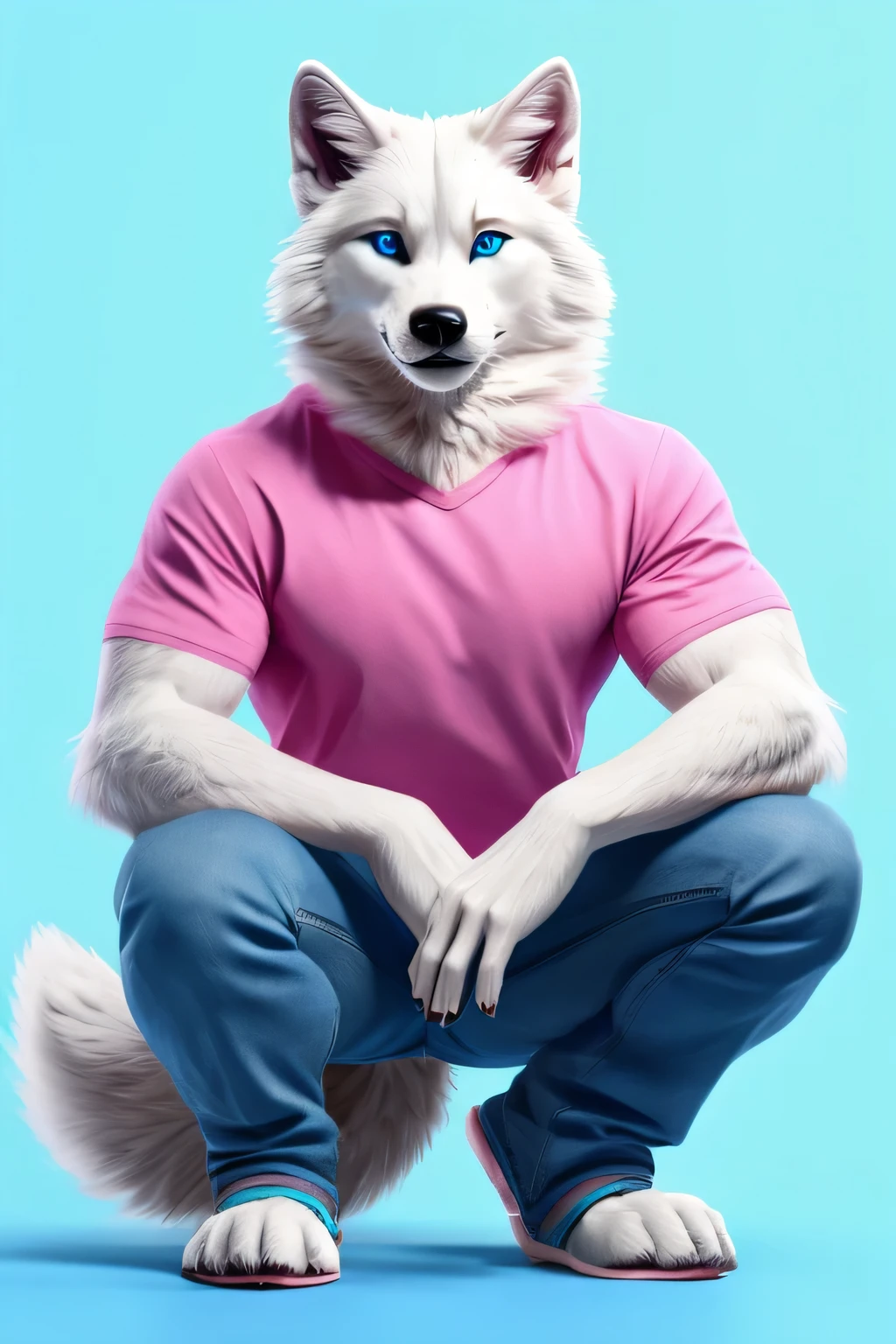 Male white wolf furry squat pose legs open look front blue pink background blue eyes blue pink background jeans and pink shirts fluffy tail