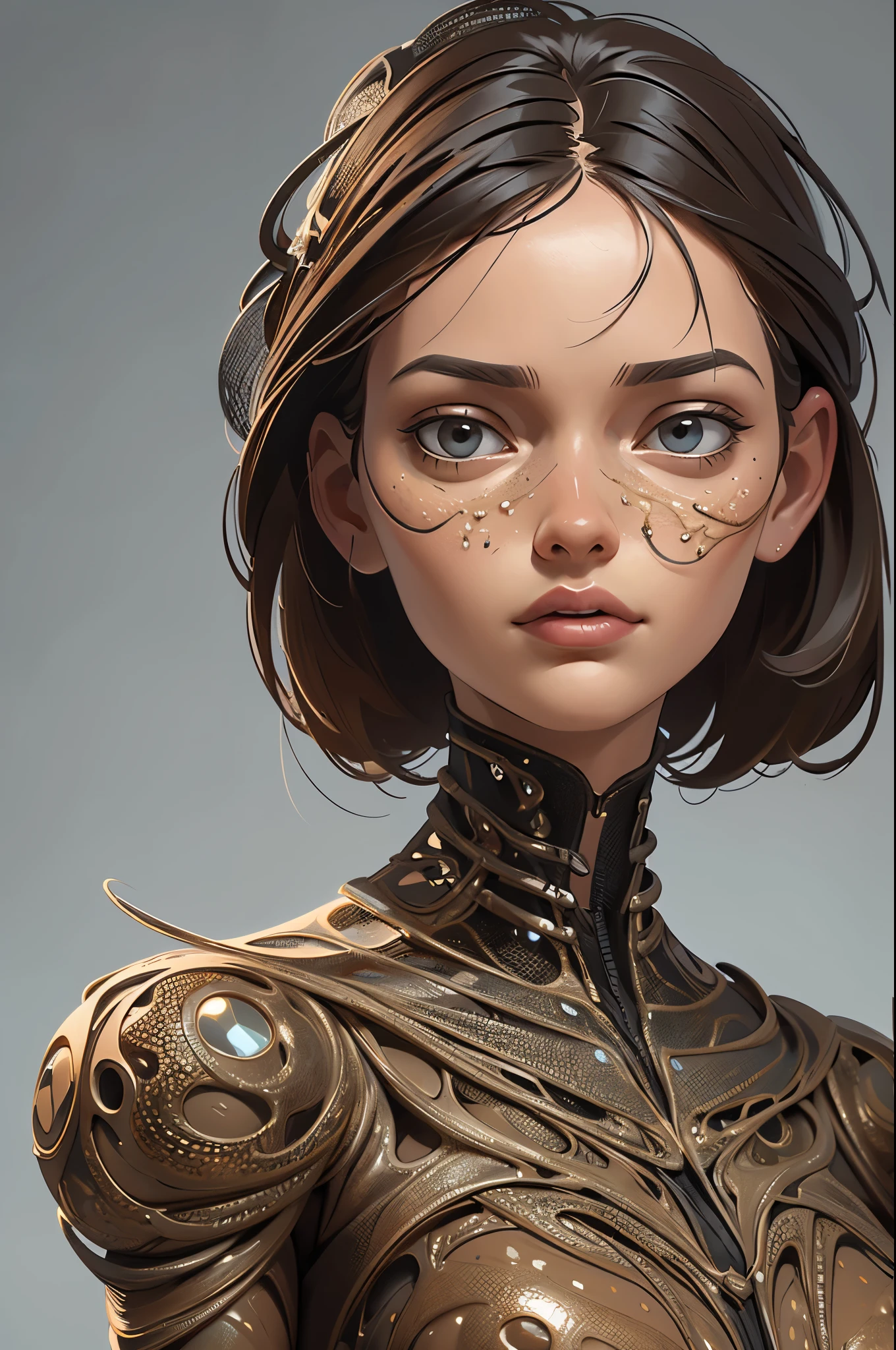 a close up of a girl with a metal structure body, a hyperrealistic painting inspired by Peter Gric, zbrush central contest winner, hyperrealism, highly detailed surrealist art, hyperrealistic illustration, hyperrealistic surrealism, very intricate photorealistic, extremely hyperdetailed, hyper detailed art, insanely highly detailed artwork, hyperrealist highly intricate, thomas veyrat intricate