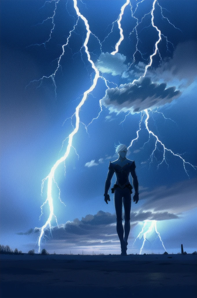 A 15-year-old teenage boy with an albino skin tone. He is an engineer and artificer, without facial or body hair. His hair is short and straight, colored white. The boy is wearing a futuristic cyberpunk in black and blue, futuristic style clothes, adorned with white lightning patterns. He is surrounded by an aura of white lightning, with a background featuring a scenery of rapid lightning and thunder. Thunder powers.