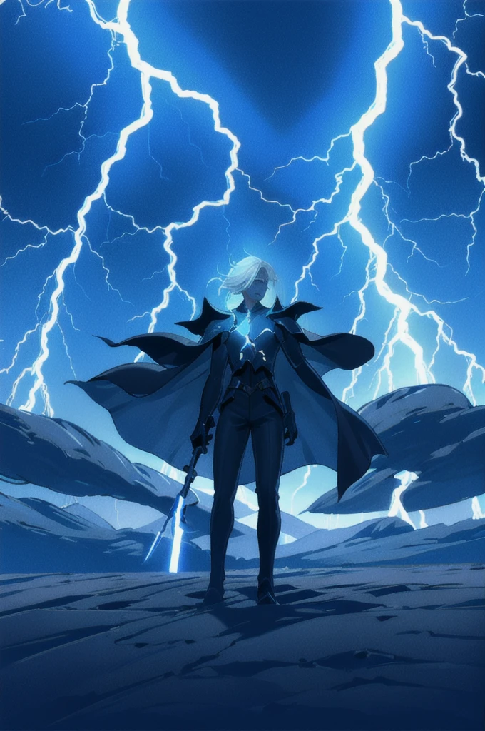 A 15-year-old teenage boy with an albino skin tone. He is an engineer and artificer, without facial or body hair. His hair is short and straight, colored white. The boy is wearing a futuristic cyberpunk in black and blue, futuristic style clothes, adorned with white lightning patterns. He is surrounded by an aura of white lightning, with a background featuring a scenery of rapid lightning and thunder. Thunder powers.