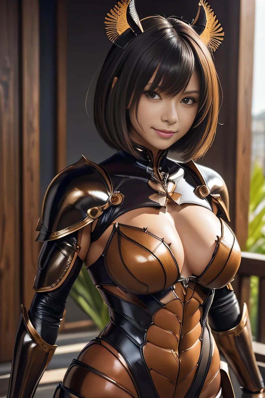 masterpiece、Highest quality、Highly detailed CG、Great details、High resolution、8K Wallpaper、All the intricacies、Super detailed、Super Shining、Oily luster、monster girl、Cockroach and woman fusion、Female cockroach forms、Cockroach woman、Fusion、Acting alone、gal、Perfect female ratio、Wicked Smile、cute、anime face、Antennae of cockroaches、特にOily luster、muscular、Cockroach and exoskeleton suit fusion、Mahogany colored dark skin、Short Hair、bionde、Purple streak hair、crustacean、arthropod、Enemy hideout style background、Background of the evil organization style
