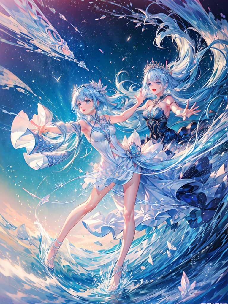 One beautiful woman、cute、Beautiful Diva、Sing with your mouth wide open、laughing、Hands outstretched、Transparent light blue hair、Crystal-like hair、Blue eyes that shine like jewels、The wind is blowing、Flowing Hair、White Dress、On the Sea、water surface、water pattern、water droplets、summer、bright、Light of the sun、Highest quality、masterpiece、Super detailed