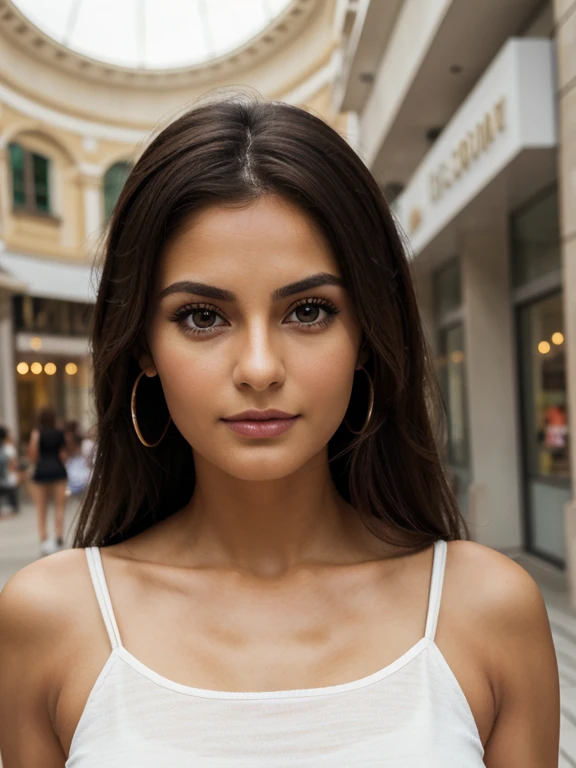 woman 27 years old, bruenette, in the mall, walking, masterpiece, realistic appearance, sporty, 175cm tall, light tanned skin, realistic skin, Italian, evening, summer, 75mm focus length, dark brown eyes, big eyes, Beautiful eyelashes, natural makeup, shy, innocent, anatomically correct, super detail, high details, high quality, award winning, highres, accurate, retina