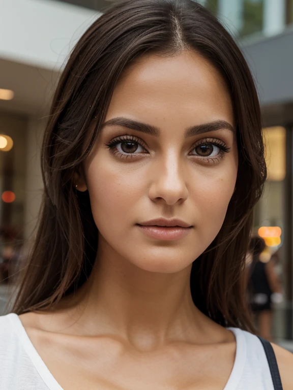 woman 27 years old, bruenette, in the mall, walking, ​masterpiece, realistic appearance, sporty, 175cm tall, light tanned skin, realistic skin, Italian, evening, summer, 75mm focus length, dark brown eyes, big eyes, Beautiful eyelashes, natural makeup, shy, innocent, anatomically correct, super detail, high details, high quality, award winning, highres, accurate, retina