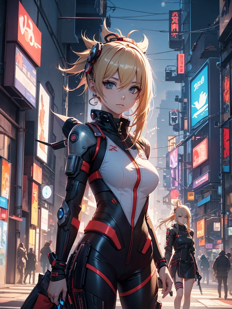 Yoimiya, 1women, wearing a futuristic outfit, cyberpunk outfit, at a future city, cyberpunk look, blonde colour hair, 8k, high detailed, high quality
