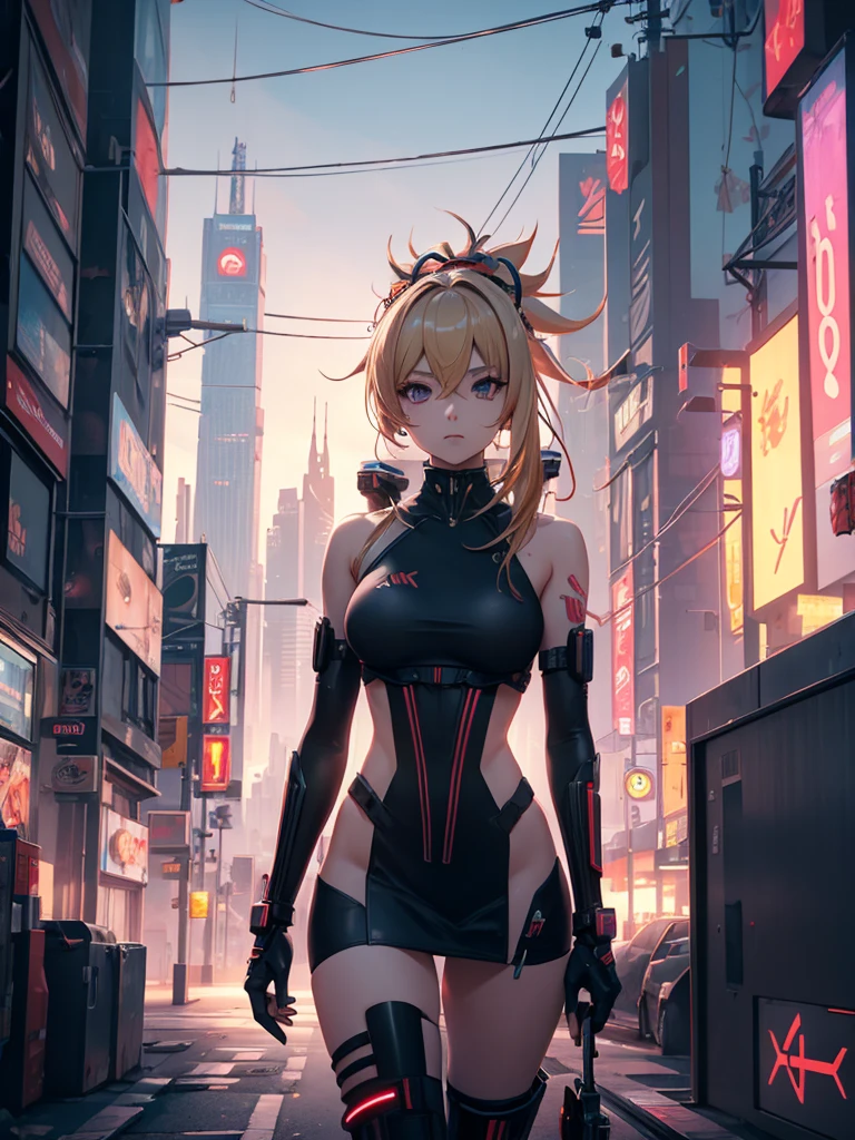 Yoimiya, 1women, wearing a futuristic outfit, cyberpunk outfit, at a future city, cyberpunk look, blonde colour hair, 8k, high detailed, high quality
