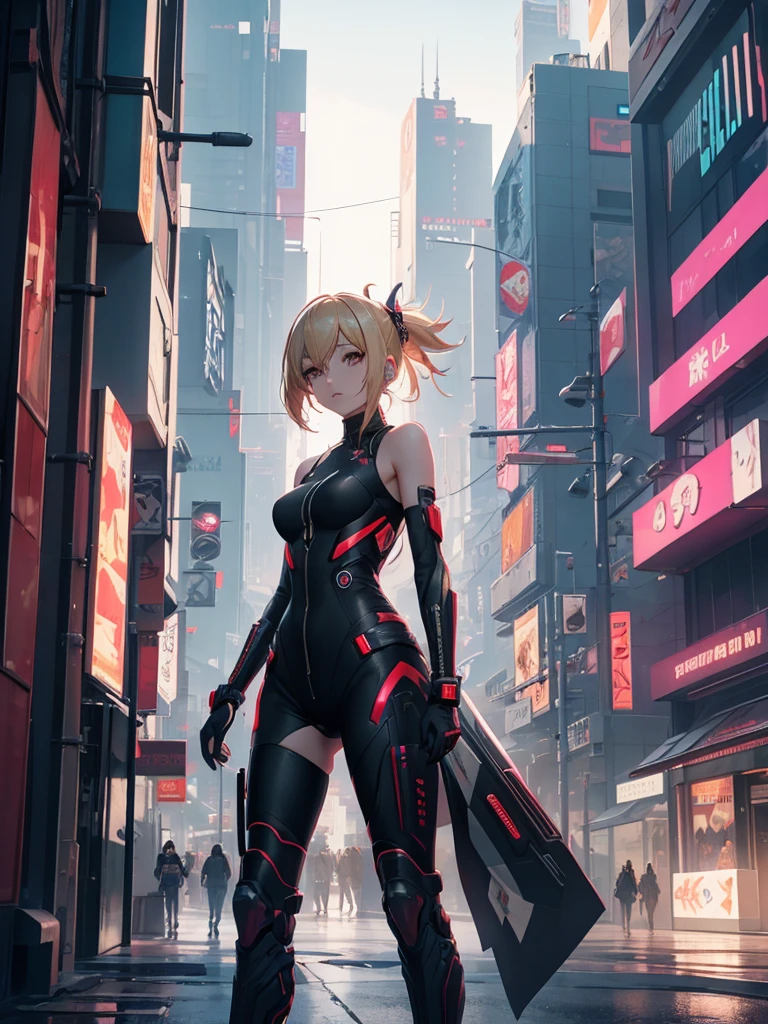 Yoimiya, 1women, wearing a futuristic outfit, cyberpunk outfit, at a future city, cyberpunk look, blonde colour hair, 8k, high detailed, high quality
