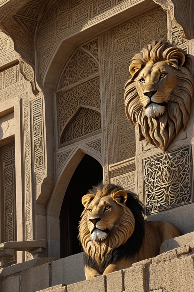 A lion with the symbol of the country of Iran that is roaring and showing power.