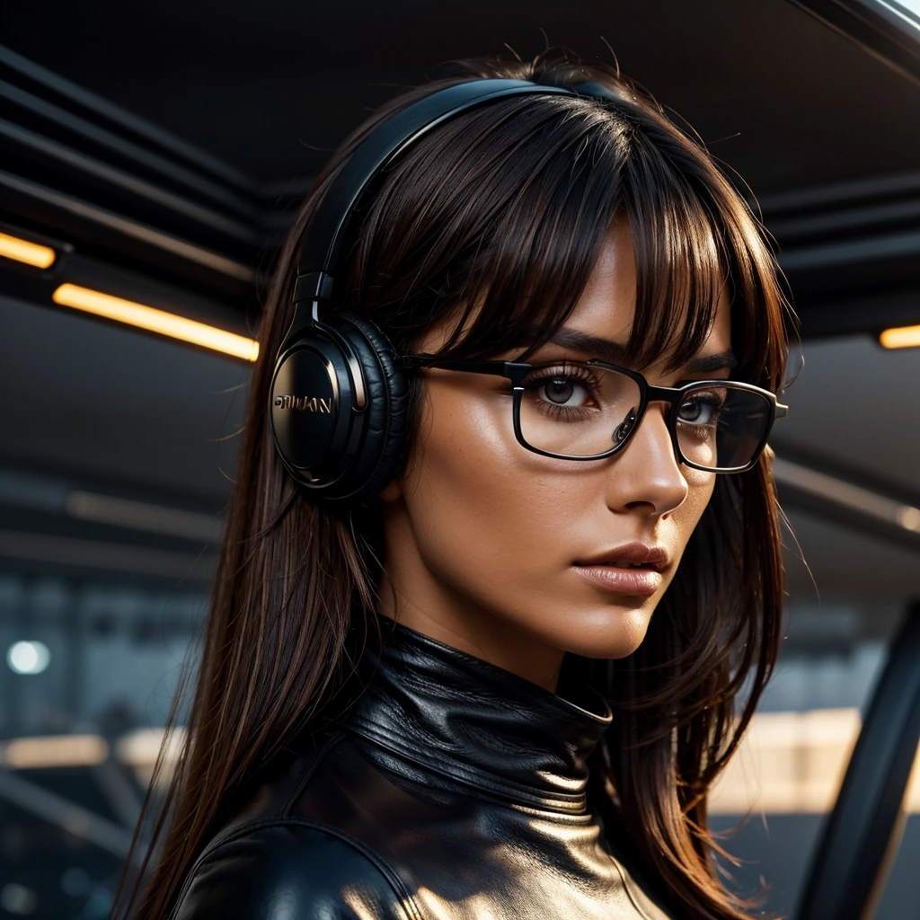 beautiful german female with tanned face, dark hazelnut eyes, with large black headphones, wearing a tight black leather shirt, very detailed eyes, intense gaze, slim nose, very thin nose and nostrils, long face, long jaw, strict face expression, long black hair with highlights, long leather gloves, luxurious black tapestry behind her in a futuristic terrace of a alien planet in the sunset hour, soft light, wearing small glasses
