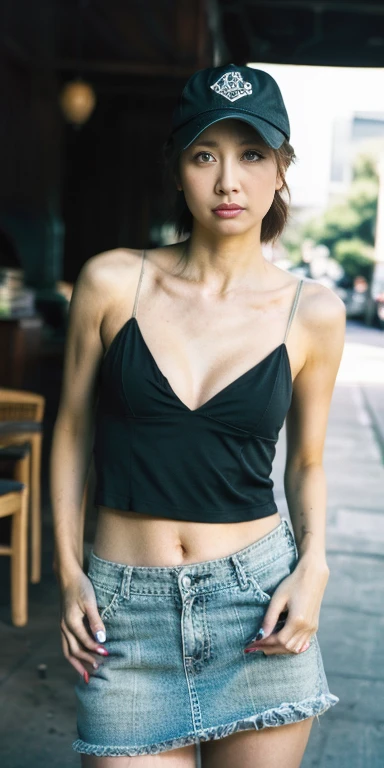 summer，hot，Lazy afternoon，Full body portrait，original photo，Sexy girl working at the counter at Starbucks，Beautiful face，(((Full body portrait、Full body female love:1.1)))，Baseball cap，Barista overalls，Barista Apron，Short skirt，Rim Light， clavicle， Pretty Face，tattoos on the arms，((Small cleavage))，belly button， Thin waist and wide hips，(((Long legs)))，Idol， Depth of Field， tilt， reflective，lifelike, Ultra-high resolution, high quality，Soft Light，best quality，masterpiece，8K，Super real，(Film Grain, Chromatic Aberration, Clear focus, in the darkness, Deep Shadows, Low profile, Cold Light, Sexy look). Portrait Style, Premium Business Class