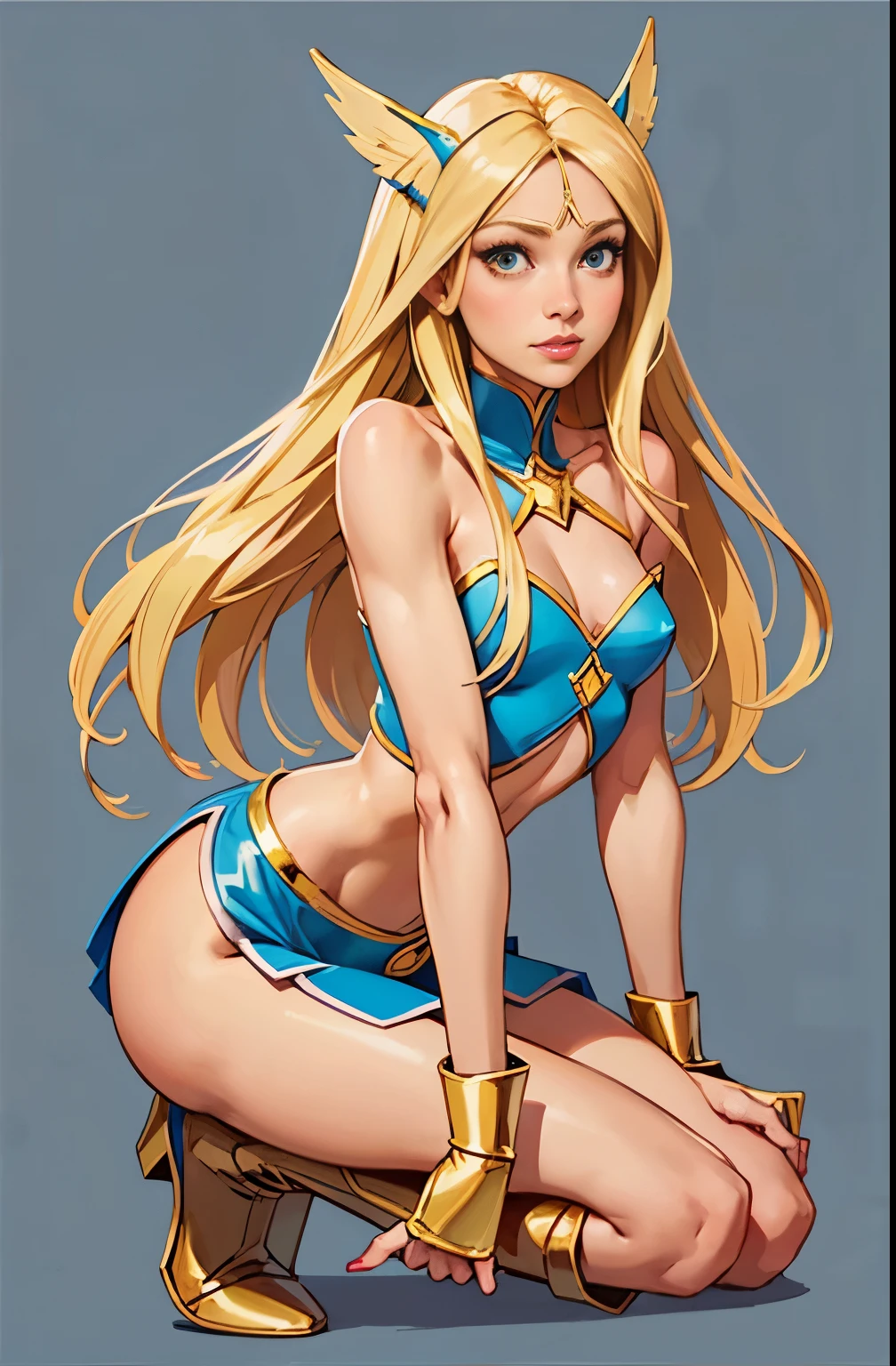 girl, portrait, small breasts, slim, long blonde hair, winx club, stella, stella winx club Warm, soft or colored lips, plunging neck top, short skirt, heeled boots, simple bottom, flat colors, perfect hands, perfect anatomy ,