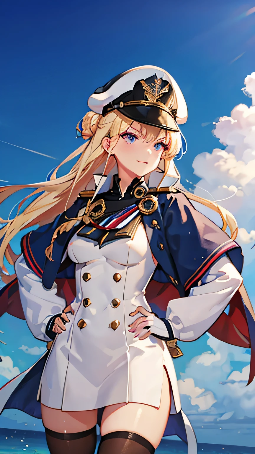 Royal Navy, Horatio Nelson, Admiral, on board, warship, clear skies, aboard a warship at sea, commander, naval uniform, blonde hair, hair bun, beautiful lady, raised eyebrows, upturned eyes, earrings, cinematic lighting, pov, ((masterpiece)), (super detail), perfect face, high detailed eyes, textured skin, high quality, highres, Viscount, Medal, British Navy Cap