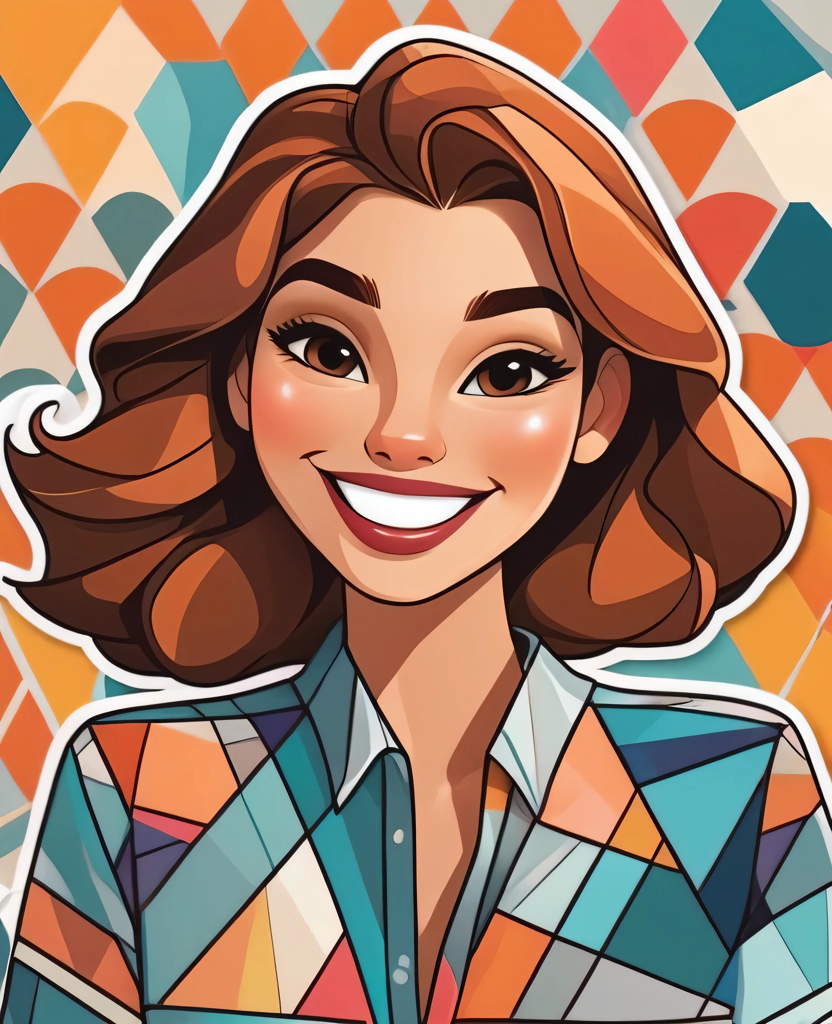 a sticker,1 female model,Geometric pattern background,smiling