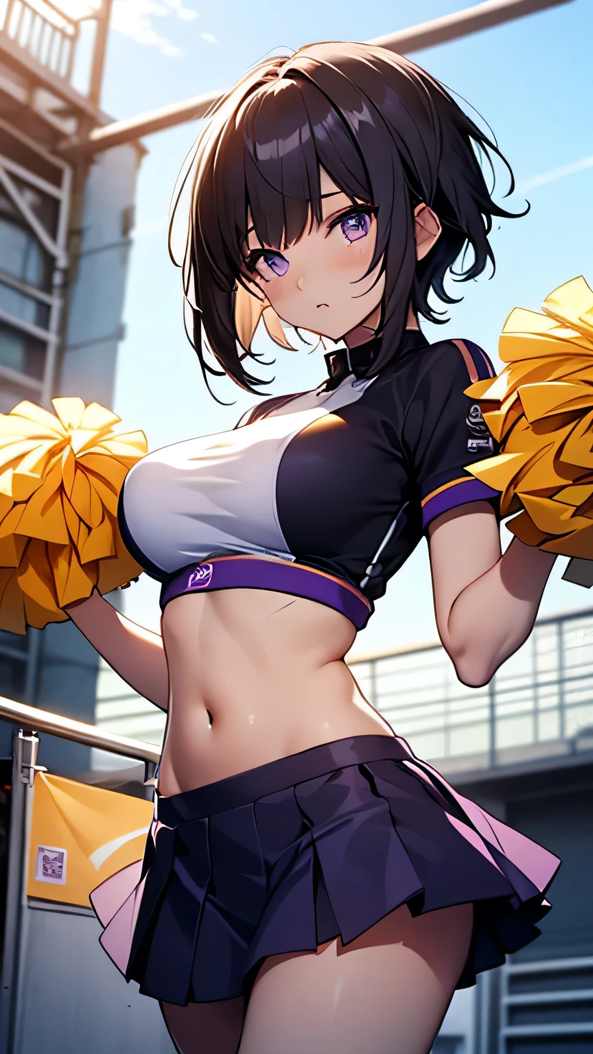 Very detailed CG Unity 8K wallpaper),(masterpiece), (Highest quality), (Very detailed), (Best illustrations),(Best Shadow), Dynamism,,Purple eyes and purple very short hair,Large Breasts venue,Cheerleader Cheer crop top cheer mini skirt Dance with one leg raised Underwear wedges Dynamic Pose