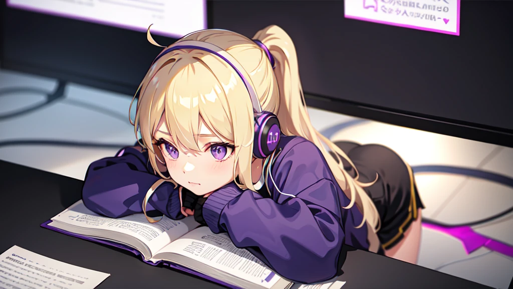 One girl, ponytail ,Blonde, Purple eyes,studying,Wearing headphones,Home