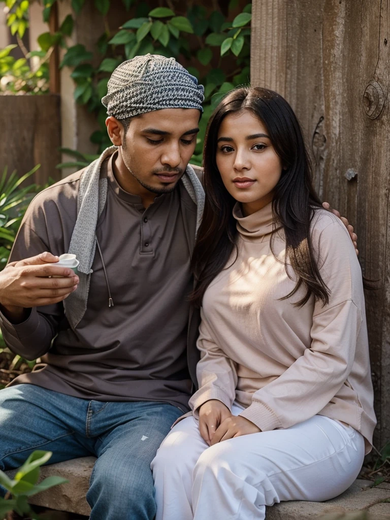 Muslim husband and wife sitting together. The wife is studying with her head on her husband's chest. The wife's clothes will be short. Nature will be in the environment.