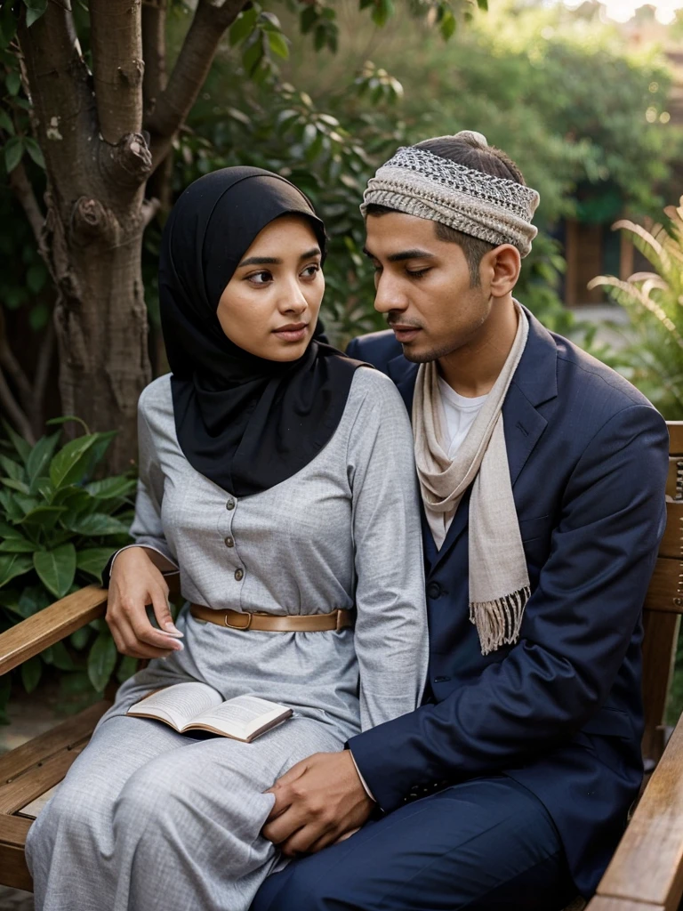Muslim husband and wife sitting together. The wife is studying with her head on her husband's chest. The wife's clothes will be short. Nature will be in the environment.