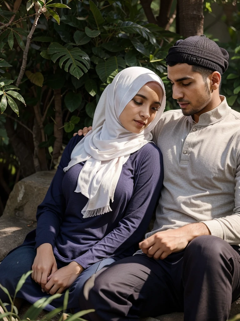boy grabbing woman breast from behind, woman wearing hijab