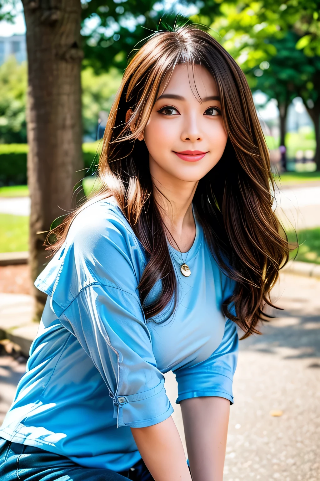 ((Full Body Angle))、((Front hair:1.2))、((Highest quality, 8K, masterpiece: 1.3)), concentrated: 1.2, Cute girl 1,Nipples erect、 Perfect beauty: 1.4,Cut and sewn T-shirt Raglan sleeve summer short sleeve T-shirt.Shorts: 1.2,Long sleeve、Randall Color、comics&Text Graphics、Black ruffle-trimmed drawstring zip blouse,1.1, Highly detailed face and skin textures, Fine grain, double eyelid, whitening skin, ,Highest quality,Ultra-high resolution,you,1 girl,alone,_Shiny_skin,Iris,necklace,((brown_length_Wavy_hair)),(lips)),eyelash,Front hair,deal with,compensate,Shiny,pore,skin,Large Breasts、((smiling face))、Walking in the park、walk、