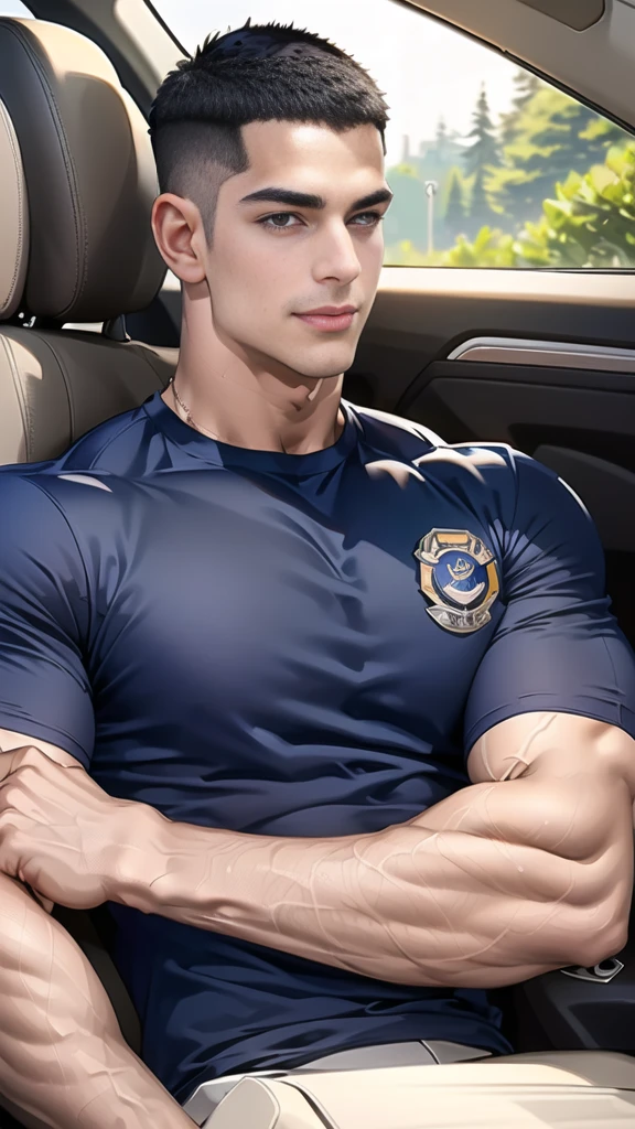 (Create a masterpiece: 1.2),(CGI art:1.3),(realistic:1.5),(After processing:1.3),(Sharp focus:1.3), 1 man holds the steering wheel of a car ,(crew cut short hair:1.8),black eye, smile, (Wear color navy round neck T-shirt with a Police badge: 1.3), Navy blue jeans, Korean guy , korean men, (High gloss details), chest muscles, large arm muscles, blood vessel, Big muscles, Broad shoulders, looking at the audience, Balancing the eyes, middle of the road, (drive a car: 1.5), (in the car: 1.3), , middle of the road