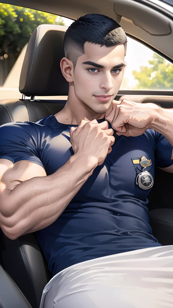 (Create a masterpiece: 1.2),(CGI art:1.3),(realistic:1.5),(After processing:1.3),(Sharp focus:1.3), 1 man holds the steering wheel of a car ,(crew cut short hair:1.8),black eye, smile, (Wear color navy round neck T-shirt with a Police badge: 1.3), Navy blue jeans, Korean guy , korean men, (High gloss details), chest muscles, large arm muscles, blood vessel, Big muscles, Broad shoulders, looking at the audience, Balancing the eyes, middle of the road, (drive a car: 1.5), (in the car: 1.3), , middle of the road