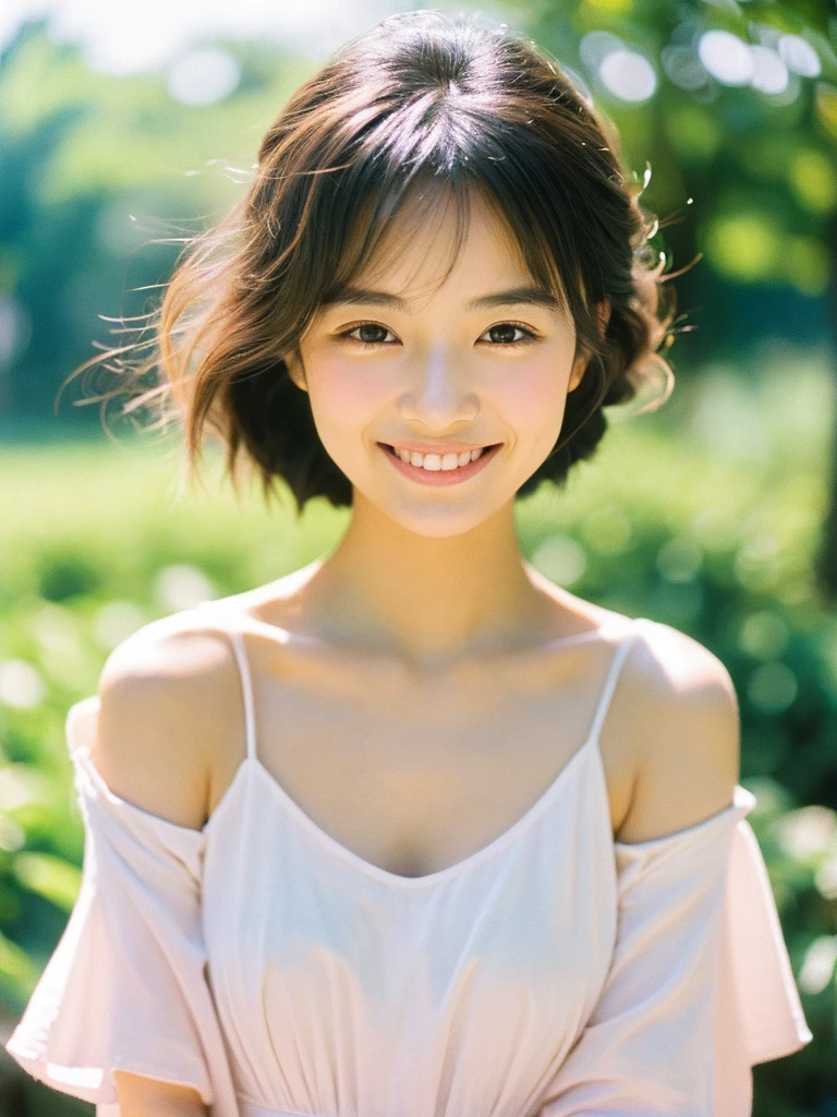 Pure Japanese girl, open-heart mood, wearing casual fashion, natural makeup and hairstyles, thick eyebrows, sweet smile, professional portrait photography, 35mm film photography, soft summer sunlight,