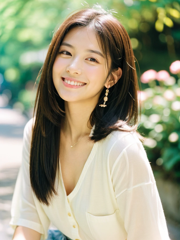 Pure Japanese girl, open-heart mood, wearing casual fashion, natural makeup and hairstyles, thick eyebrows, sweet smile, professional portrait photography, 35mm film photography, soft summer sunlight,