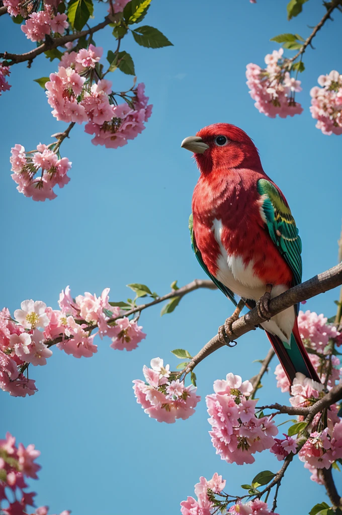 colorful bird perched on a branch of a tree with green red and lilac flowers , beautiful and , birds beautiful color, bird with a long, colorful hd photo,