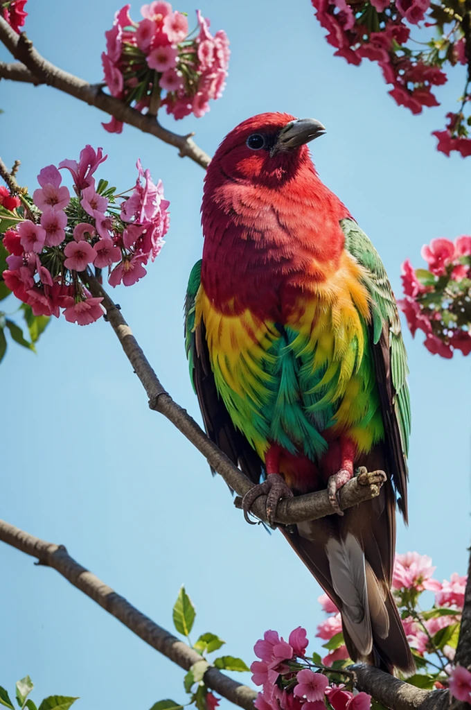 colorful bird perched on a branch of a tree with green red and lilac flowers , beautiful and , birds beautiful color, bird with a long, colorful hd photo,