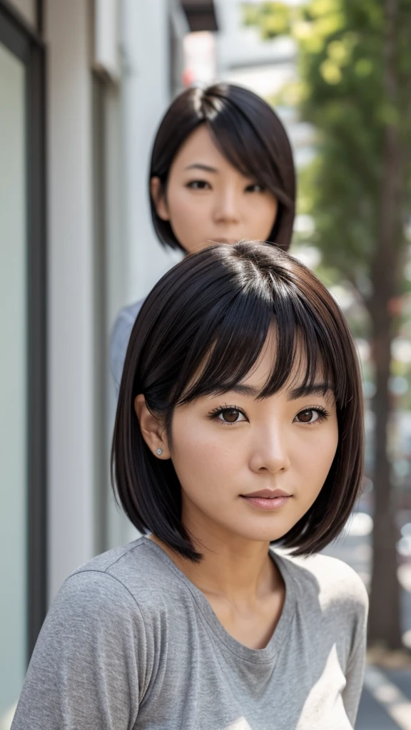 Female, 40s, Japanese, short black hair with some gray, brown eyes, friendly impression, casual clothing, face slightly beginning to show fine lines, upper body in focus, frontal composition