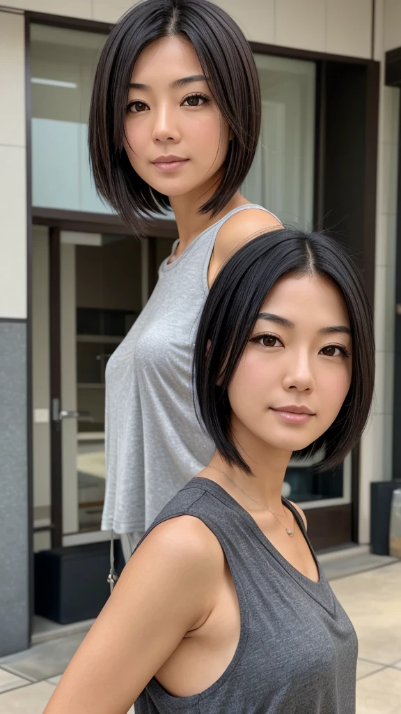 Female, 40s, Japanese, short black hair with some gray, brown eyes, friendly impression, casual clothing, face slightly beginning to show fine lines, upper body in focus, frontal composition