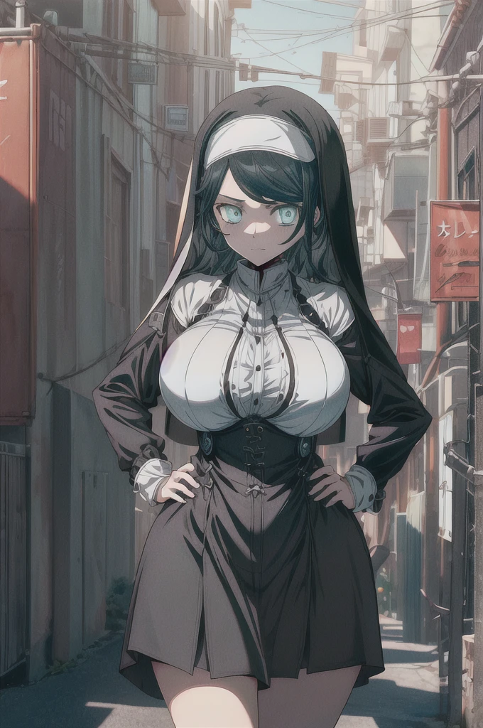(Very detailed CG unit 8k wallpaper: 1.1), high resolution, detailed body skin, contrast, color, shadow, street background, 1 girl, nun, long black hair, (blue eyes), huge boobs, loose breasts, hands on hips, embarrassment, gothic, add_dedail:1.5