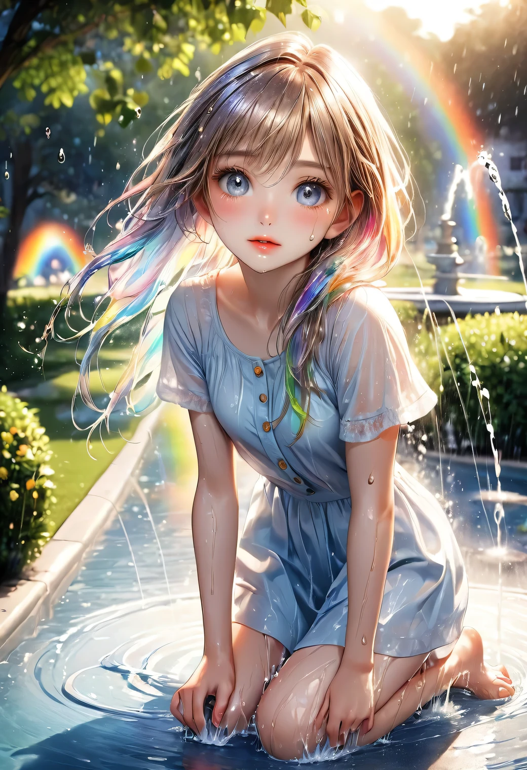 realistic detailed high quality photography, ultra-realistic, photorealistic:1.37, through bangs, 1girl, beautiful young girl, barefoot in a park, water fountain, water splashing, playing in water, rainbow, detailed facial features, long lashes, gorgeous eyes, delicate lips, wet hair, natural lighting, golden hour, lush greenery, detailed water droplets, splashing water, colorful rainbow, serene atmosphere, enchanting, magical, dreamlike,nijistyle,cute girl,woman