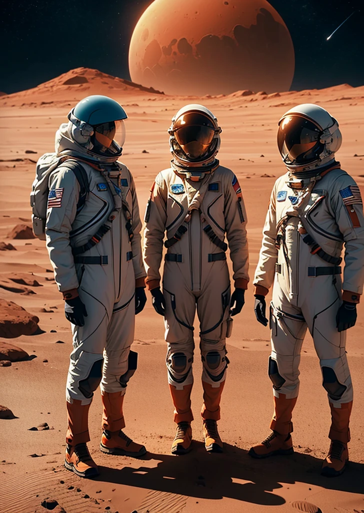 Create an inspiring painting of three astronauts arriving on Mars in a sleek, futuristic spaceship. The scene depicts the moment the spacecraft has just landed on the Martian surface. The astronauts are seen exiting the spacecraft, their suits reflecting the reddish hues of the planet. The Martian landscape stretches out before them, with its characteristic rocky terrain and dust-covered plains. In the background, the spaceship stands tall and majestic, a symbol of human ingenuity and exploration. The sky above is a blend of soft colors from the setting sun, adding warmth to the stark, alien landscape. The astronauts, filled with a sense of accomplishment and anticipation, begin their historic first steps on the red planet.
