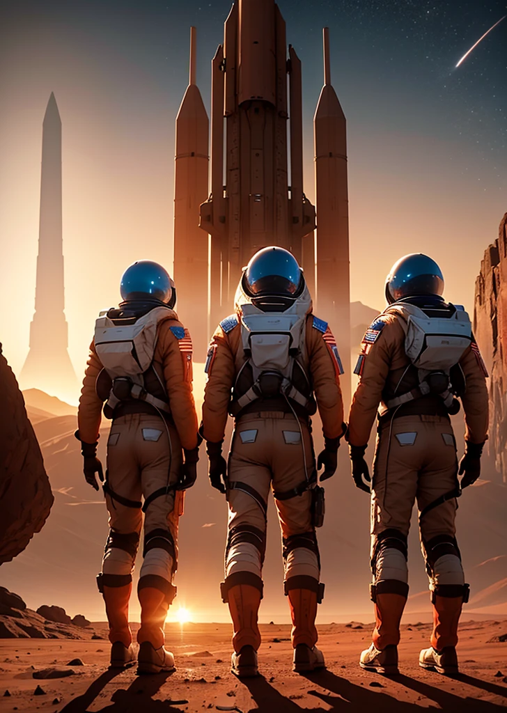 Create an inspiring painting of three astronauts arriving on Mars in a sleek, futuristic spaceship. The scene depicts the moment the spacecraft has just landed on the Martian surface. The astronauts are seen exiting the spacecraft, their suits reflecting the reddish hues of the planet. The Martian landscape stretches out before them, with its characteristic rocky terrain and dust-covered plains. In the background, the spaceship stands tall and majestic, a symbol of human ingenuity and exploration. The sky above is a blend of soft colors from the setting sun, adding warmth to the stark, alien landscape. The astronauts, filled with a sense of accomplishment and anticipation, begin their historic first steps on the red planet.