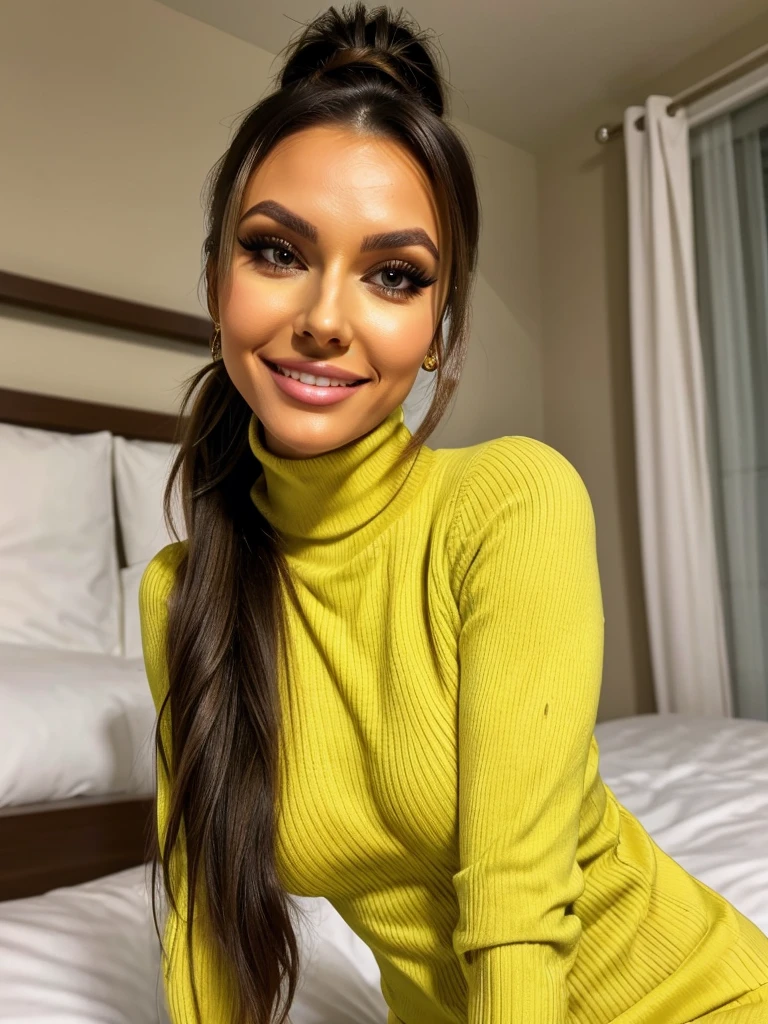 photo of a skinny brunette prostitute with fake eyelashes and plump-enhanced lips, messy long hair thrown into a messy bun ponytail. She wears: (turtleneck soft high ribbed yellow super tight sweater:1.1), submissive seductive pose, high tight ribbed neck, seductive smile, perfect fake tits, horny eager russian pornstar wife lana roy, perfect obedient girl