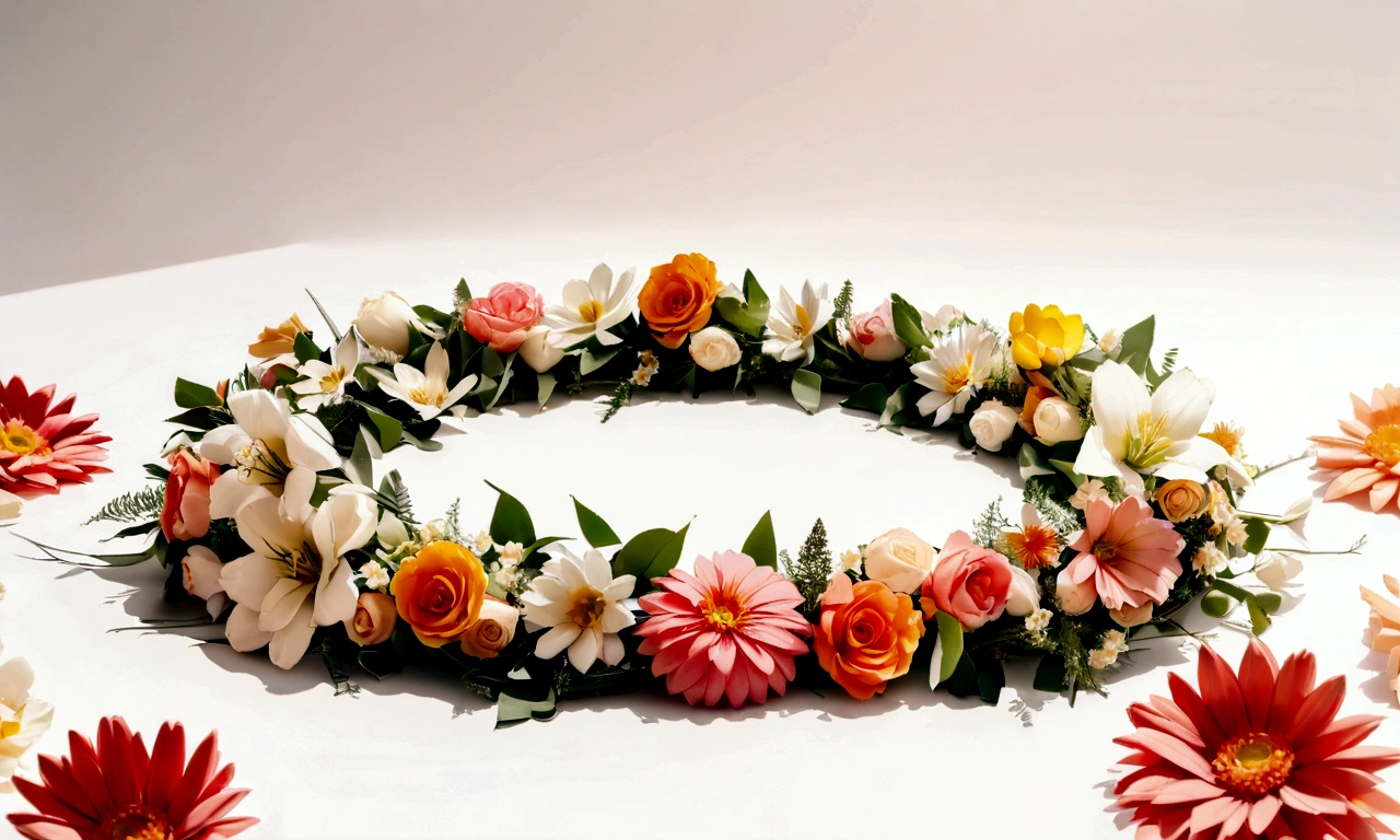 White background,a wreath, Made of flowers, Perfect minimalist composition, , elegant composition, Beautiful composition 3-d 4k, Background still life photo