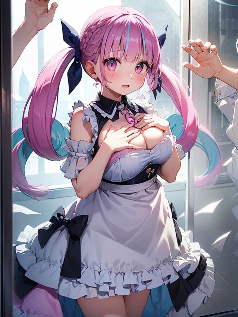 Ultra-high resolution,masterpiece, Attention to detail, Highest quality, 4K,(Pink Twintails、Blue ribbon),(heavy chest,Captivating body、Ultra-detailed skin、Beautiful eyes、Detailed Background),1 girl、(Ahegao,Eyes are hearts,How),(Peering into the glass、press your chest against the glass,hands on glass, breasts on glass:1.5)