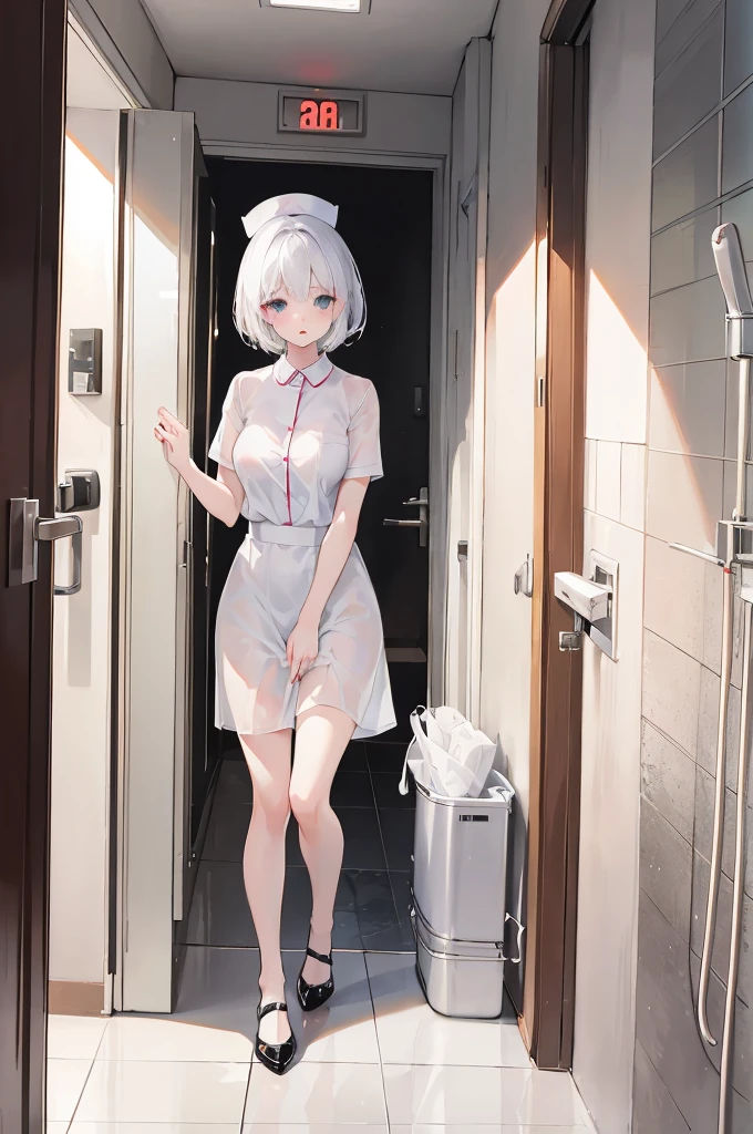 1 girl, white short hair, white shirt and skirt nurse, cat ears, wet, rainy, in a hotel, Perlica, shouting, white underwear, cum, cat hair, black heels, medium, black heels, black bangles, grabbing the skirt between legs, 