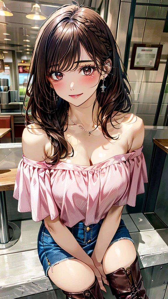 (masterpiece:1.3, Highest quality, Ultra-high resolution:1.2, Super detailed、8K), (Realistic, photoRealistic:1.4), Beautiful illustrations, Perfect lighting, colorful, Depth of written boundary, Beautiful detailed hair, Beautifully detailed face, Beautiful fine details, Droopy eyes、Beautiful clavicle, Beautiful body, 美しいLarge Breasts, Beautiful thighs, Beautiful feet, Beautiful fingers, View Viewer、Front view:0.6, Beauty1人, Japanese, Beauty、30 years old, Perfect Face, (Perfect Anatomy, Anatomically correct), Cute and symmetrical face, Baby Face, , Shiny skin,(Pink off-shoulder blouse:1.4), (Denim skirt:1.5) 、(Leather boots:1.3)、(Dark brown hair, Updo Hair:1.4), braided bangs、Dark brown eyes, (Large Breasts, Slim body), necklace, Small earrings:1.1, (Beautiful views), (noon), Burger Shop、Sitting、 A soft smile、(Smile, Lips parted),